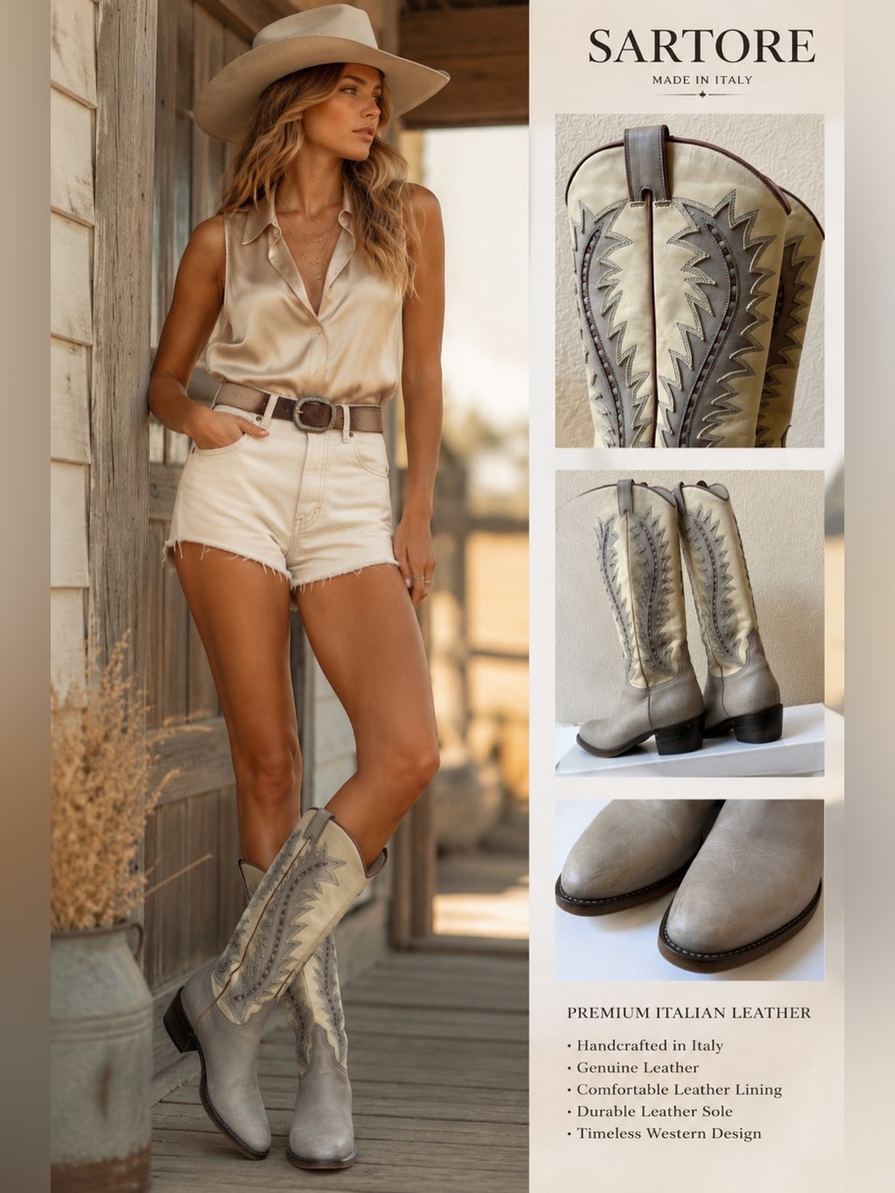 SARTORE Paris Western Cowboy Boots Womens EU 37 Cream Gray Leather Made in Italy